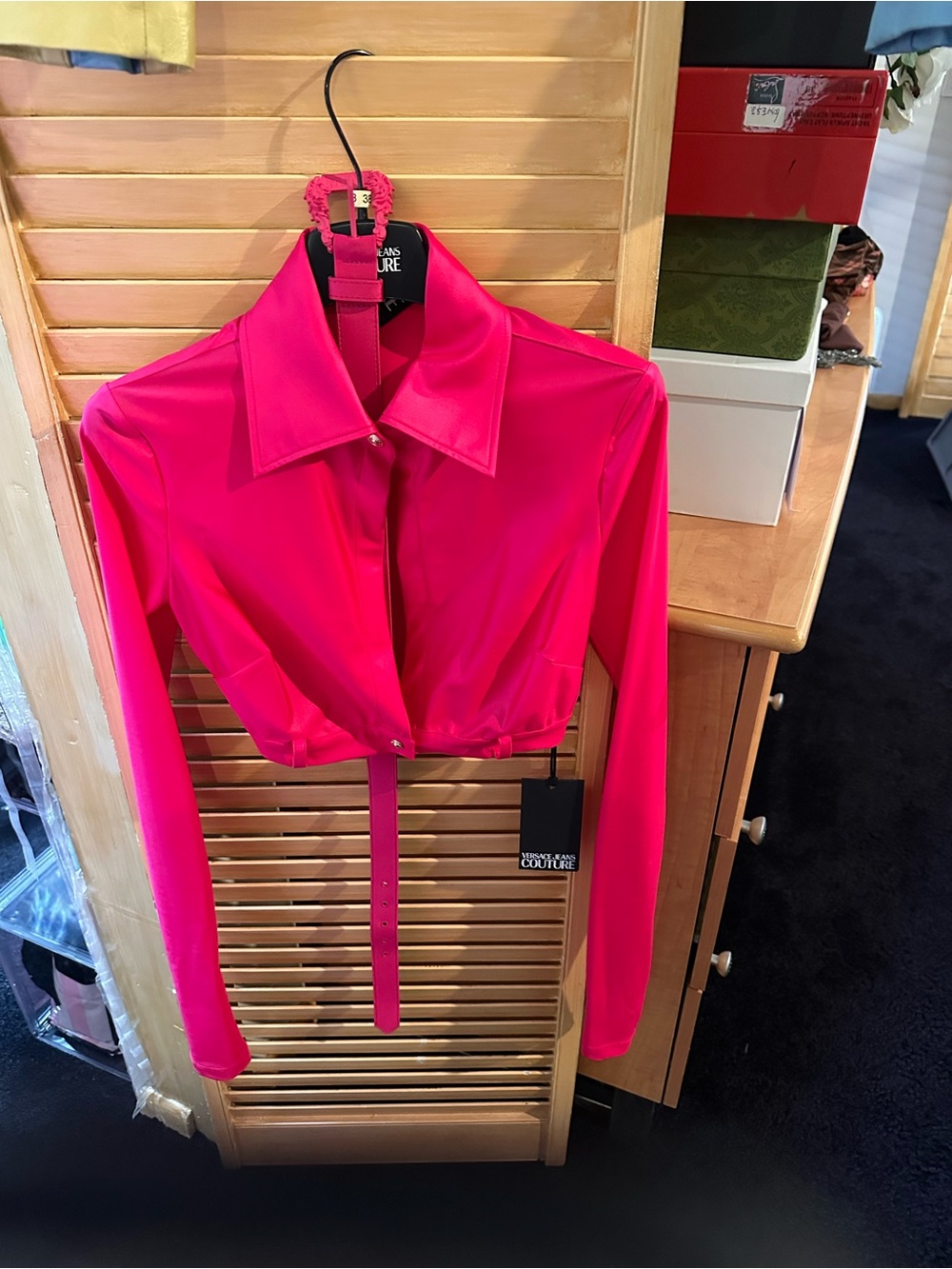 Versace Jeans Couture Hot Fuscia Pink Cropped Button-Front Belted Top